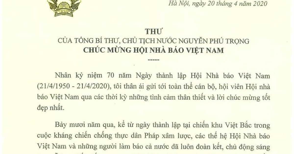 Tổng Bí thư, Chủ tịch nước gửi thư chúc mừng người làm báo cả nước