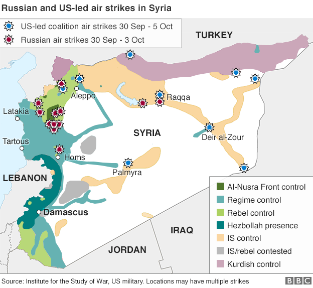 Quân chính phủ Syria bị "tố" ồ ạt tấn công phe đối lập - 2 Bản đồ chiến sự tại Syria tính tới ngày 5/10 (Ảnh: BBC)