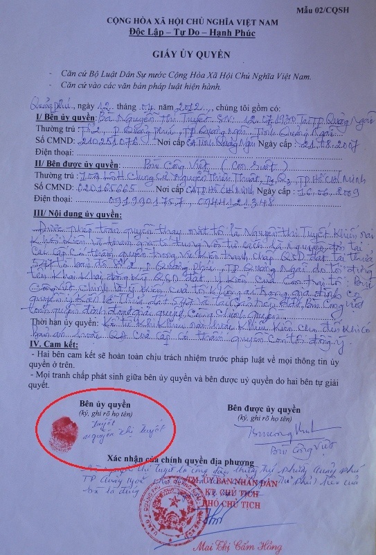 Chữ ký trong Giấy ủy quyền mà bà Tuyết giao cho ông Bùi Công Việt tiếp tục hành trình đi tìm công lý.