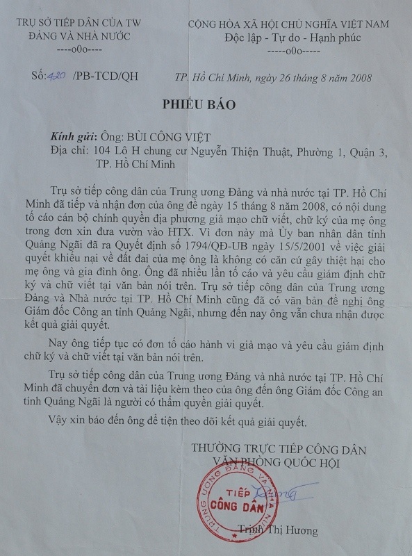Trụ sở tiếp dân của Trung ương Đảng và Nhà nước tại TPHCM đề nghị Công an tỉnh Quảng Ngãi giám định nhưng vẫn chưa có hồi âm.