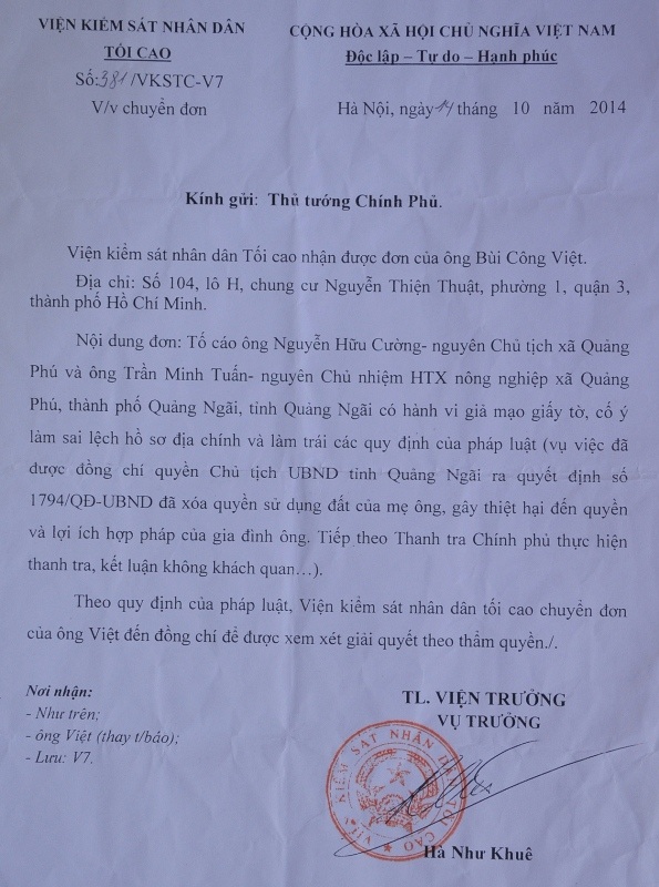 Văn bản Viện Kiểm sát nhân dân tối cao chuyển đơn tố cáo cán bộ phường Quảng Phú giả mạo chữ ký.