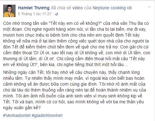 "Tết đoàn viên" - Thông điệp chưa bao giờ hết ý nghĩa - 3 Dòng trạng thái của HamLet Trương về phim Tết của Neptune