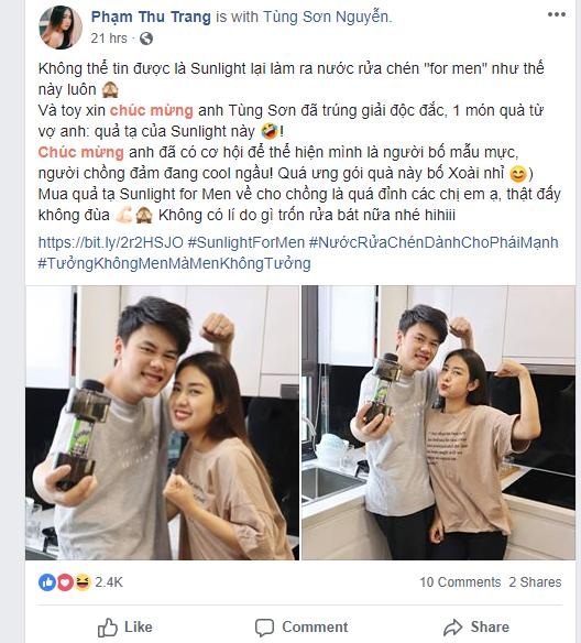 Đình Trọng, Tiến Dũng, Công Vinh và loạt đàn ông Việt xôn xao trước siêu phẩm lạ giữa tâm điểm AFF Cup - 3 Tùng Sơn – Trang Lou thích thú cầm trên tay phiên bản nước rửa chén cực độc của nhãn hàng Sunlight