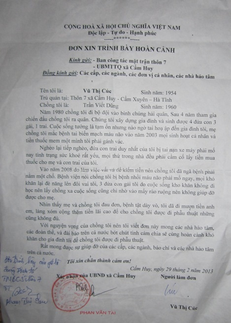 Đơn  thư cầu cứu của chị Cúc