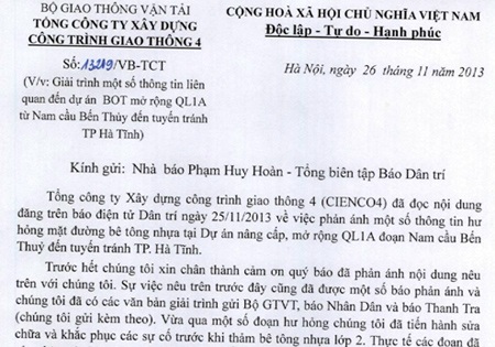 Đường chưa về đích đã "vá": Cienco 4 cam kết sửa chữa - 1 Công văn của Cienco 4 gửi Tổng Biên tập Báo điện tử Dân trí