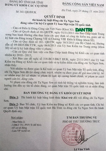 Khai trừ khỏi Đảng kế toán UBMTTQ tỉnh Hà Tĩnh