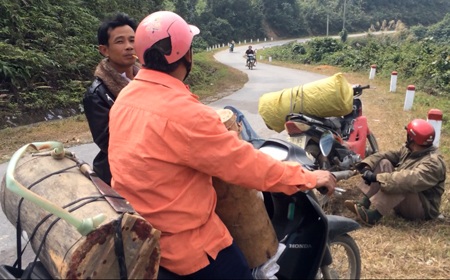 Đi săn ong rừng - 1 Những chiếc chang (tổ) được các thợ săn chở sau xe máy, chuẩn bị cho một cuộc săn ong