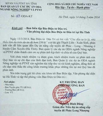 Công văn của BQL các dự án ODA Ngành NN&PTNT Hà Tĩnh gửi BBT báo điện tử Dân trí
