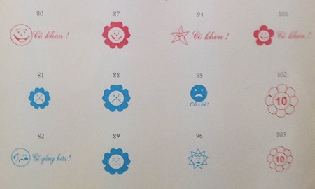 Hình ảnh lạ sau quy định mới của ngành giáo dục - 3 Các mẫu đóng dấu với màu sắc chủ đạo là xanh và đỏ. Theo đó màu đỏ được hiểu là con làm tốt hơn.