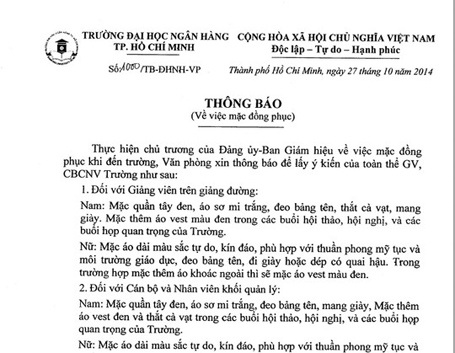 "Mặc đồng phục để... dễ phát hiện người lạ đột nhập trường!" - 1 Thông báo về việc mặc đồng phục đối với giảng viên Trường ĐH Ngân hàng TPHCM