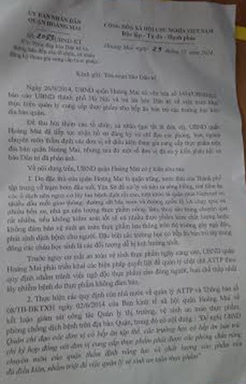 UBND Quận Hoàng Mai phúc đáp vụ doanh nghiệp cung cấp thực phẩm bị loại bất ngờ - 1 Văn bản phúc đáp của UBND quận Hoàng Mai (Hà Nội)