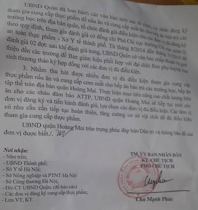 UBND Quận Hoàng Mai phúc đáp vụ doanh nghiệp cung cấp thực phẩm bị loại bất ngờ - 2 Văn bản phúc đáp của UBND quận Hoàng Mai (Hà Nội)