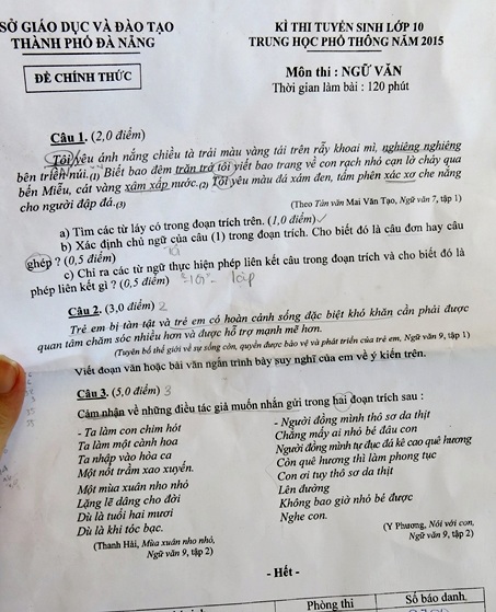 Thí sinh lý thú với câu hỏi về trẻ em trong đề Văn - 2 Đề thi môn Văn vào lớp 10 các trường THPT ở Đà Nẵng năm học 2015 - 2016.