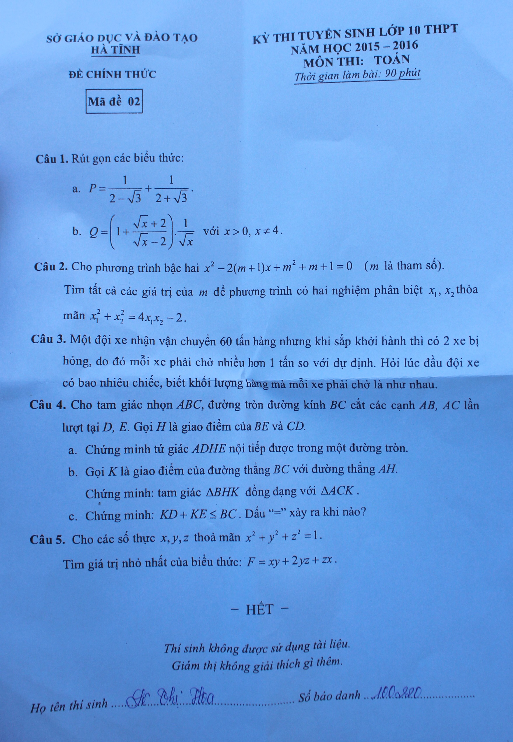 Đề thi môn Toán