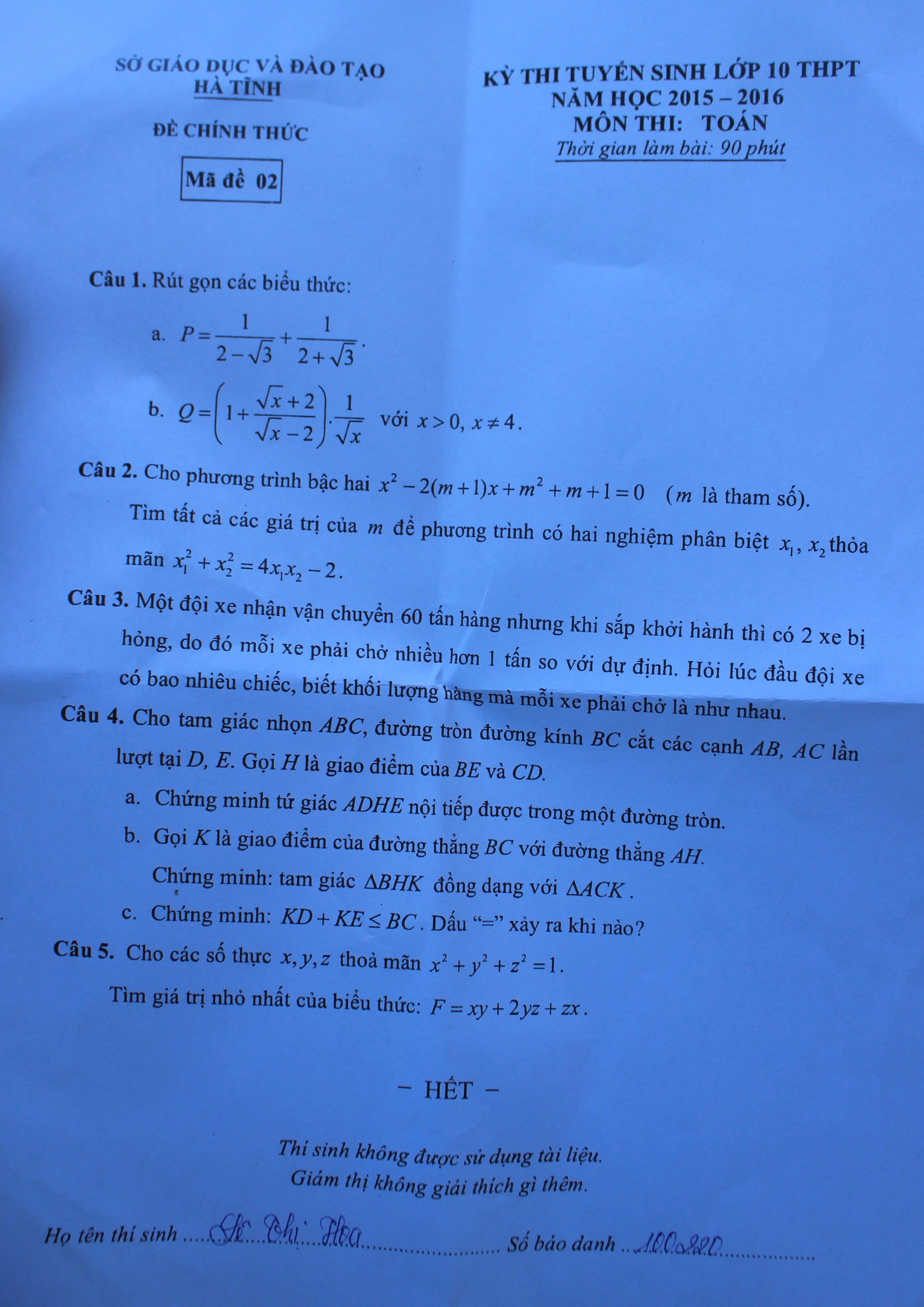 Đề thi môn Toán