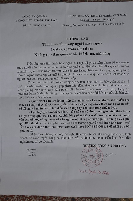 Nội dung tuyên truyền công an quận 1 gửi đến các nhà hàng, khách sạn trên địa bàn quận