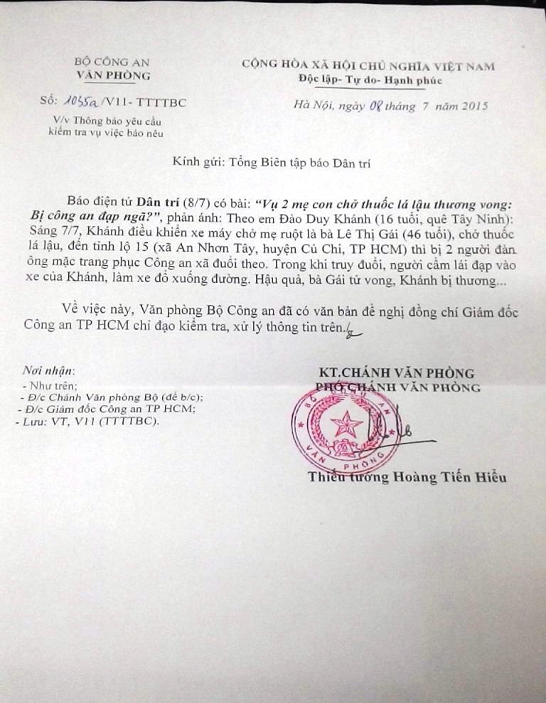 Vụ 2 mẹ con thương vong nghi bị công an đạp ngã: Bộ CA yêu cầu xác minh - 1 Công văn yêu cầu Công an TPHCM kiểm tra thông tin báo nêu