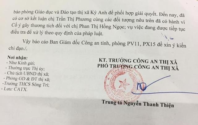 Cô giáo là “chủ mưu” vụ bắt thiếu nữ lên xe taxi hành hung dã man - 1 Báo cáo ban đầu của Công an thị xã Kỳ Anh về vụ việc