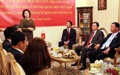 Bà Nguyễn Thị Kim Ngân nói chuyện với cán bộ nhân viên Đại sứ quán và Cộng đồng người Việt tại UAE.