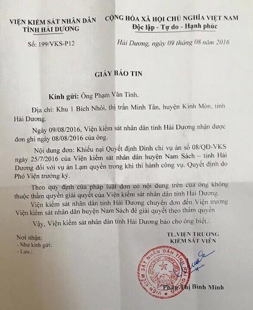 VKSND tỉnh Hải Dương từ chối nhận khiếu nại của người dân bị khởi tố tội Lạm quyền - Ảnh 1. VKSND tỉnh Hải Dương từ chối nhận khiếu nại của người dân bị khởi tố tội Lạm quyền - Ảnh 1.