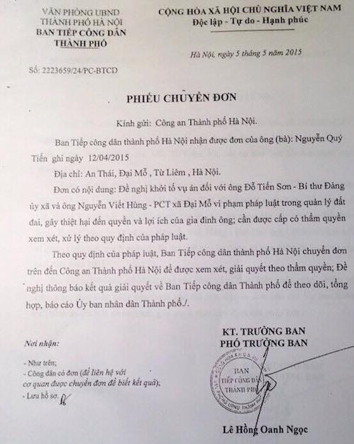 Cục Cảnh sát Môi trường chuyển đơn thư công dân đến Công an TP Hà Nội giải quyết - 3
Trước đó, Ban tiếp công dân TP Hà Nội đã chuyển nội dung đơn đề nghị khởi tố vụ án của ông Nguyễn Quý Tiến đến Công an TP Hà Nội giải quyết.