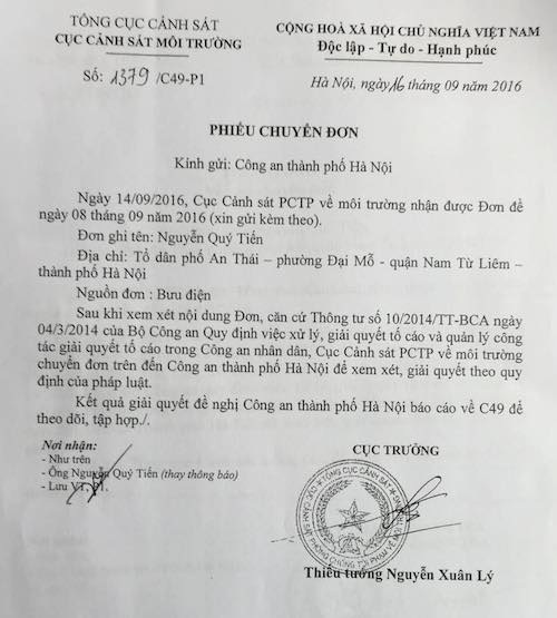 Cục Cảnh sát Môi trường chuyển đơn thư công dân đến Công an TP Hà Nội giải quyết - 1
Cục Cảnh sát Môi trường chuyển đơn thư công dân đến Công an TP Hà Nội giải quyết.