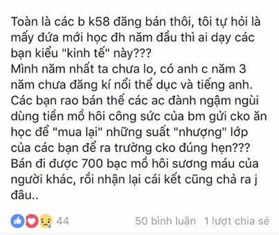 “Cuộc chiến” tín chỉ: Sinh viên đăng ký nhiều suất học rồi rao bán kiếm tiền - 2
Một nữ sinh viên lên tiếng tố giác, phê phán hành vi rao bán đăng ký học để kiếm tiền.