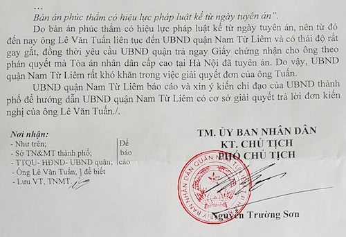Phán quyết của TAND Cấp cao bị xếp xó: UBND quận Nam Từ Liêm xin chỉ đạo! - Ảnh 4. Phán quyết của TAND Cấp cao bị xếp xó: UBND quận Nam Từ Liêm xin chỉ đạo! - Ảnh 4.