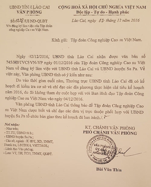 Cưỡng chế, thu hồi đất tại Lào Cai: Chính quyền cấm quay phim, chụp ảnh, luật sư nói gì? - 4
Công văn của văn phòng UBND tỉnh Lào Cai hồi âm Tập đoàn Công nghiệp cao su Việt Nam.