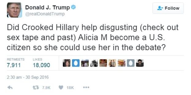 Trump, Clinton “khẩu chiến” trên mạng xã hội vì cựu Hoa hậu Hoàn vũ - 2
Ông Trump chế giễu cựu Hoa hậu Hoàn vũ trên Twitter (Ảnh: BBC)