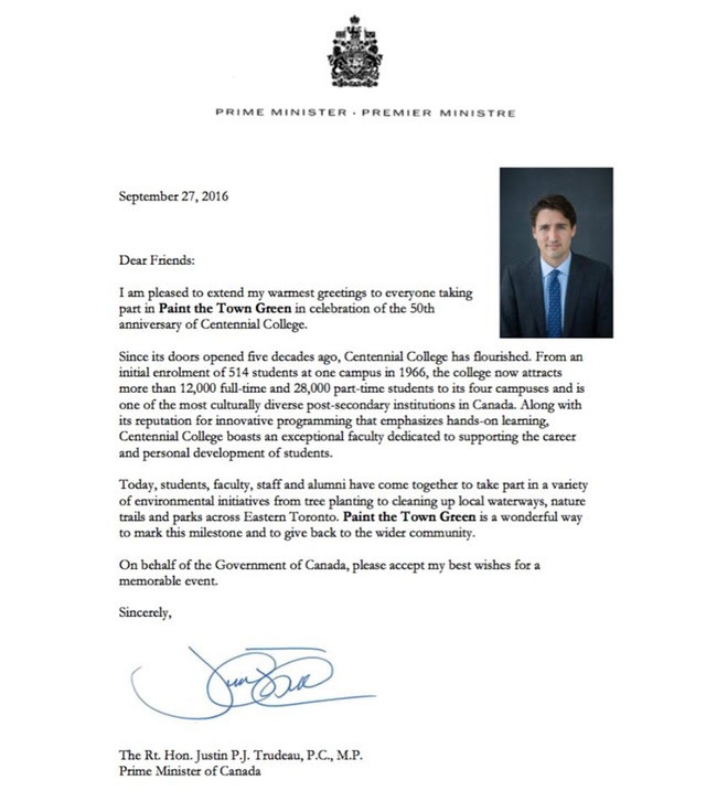 Tổng thống Canada gửi thông điệp môi trường tới sinh viên Centennial College - 7 Toàn văn thư của Tổng thống Canada- Justin Trudeau.