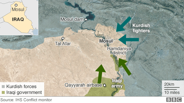 Chiến sự ác liệt tại thành trì của phiến quân IS ở Iraq - 1
Theo BBC, một liên minh gồm khoảng 30.000 người, gồm các binh sĩ Iraq, lực lượng Peshmerga của người Kurd và các tay súng bộ lạc Sunni ngày 17/10 đã bắt đầu áp sát thành phố Mosul sau nhiều tháng chuẩn bị. (Đồ họa: BBC)