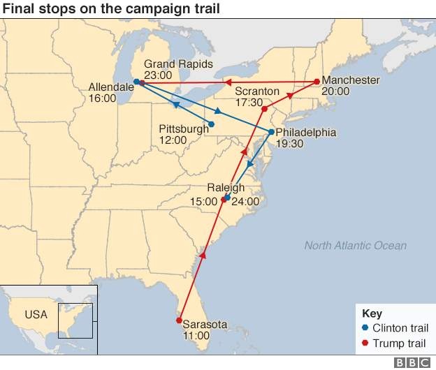 
Hai ứng viên Hillary Clinton và Donald Trump chạy ngược xuôi giữa các bang then chốt để vận động tranh cử (Ảnh: BBC)
