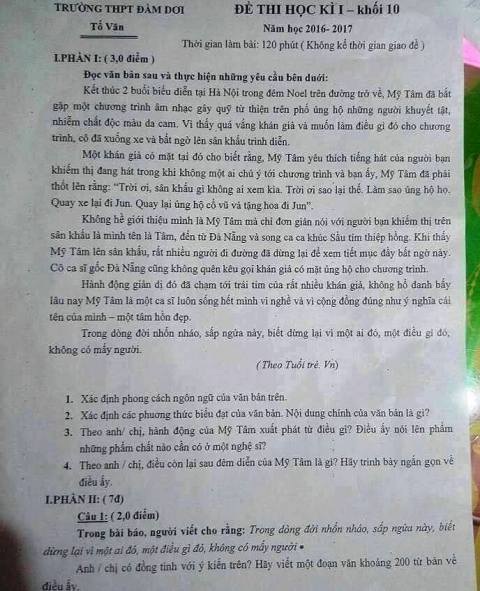 “Ca sĩ Mỹ Tâm hát cùng chàng trai khiếm thị” vào đề Văn - 1 Hành động ấm lòng người của ca sĩ Mỹ Tâm được giáo viên Trường THPT Đầm Dơi, Cà Mau đưa vào đề Văn thi học kỳ khối 10