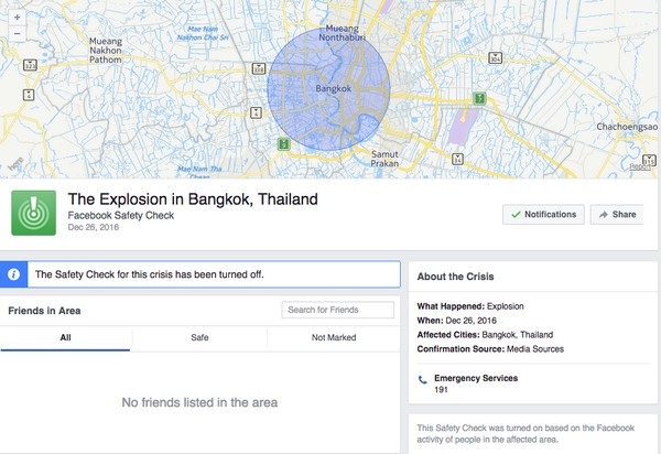 Facebook kích hoạt chức năng “thông báo an toàn” tại Thái Lan vì tưởng rằng có nổ bom tại đây, nhưng thực tế không phải như vậy