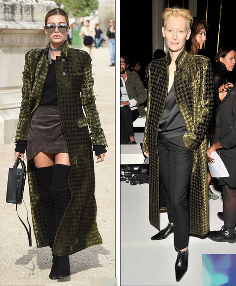Chân dài gợi cảm "đụng hàng" sao giành giải Oscar - 1
Hailey Baldwin, 19 tuổi và Tilda Swinton, 56 tuổi cùng chọn chiếc áo khoác gần 4000 đô của Haider Ackermann dự tuần lễ thời trang Paris ngày 1/10 vừa qua