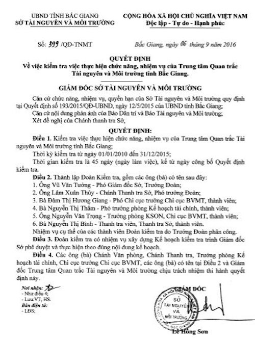 Bài 4: Thanh tra toàn diện Trung tâm quan trắc đấu thầu lạ, tạo “bùa hộ mệnh” cho doanh nghiệp - 2
Quyết định thanh tra Trung tâm quan trắc môi trường tỉnh Bắc Giang do ông Lê Hồng Sơn - Giám đốc Sở TNMT tỉnh Bắc Giang ký.