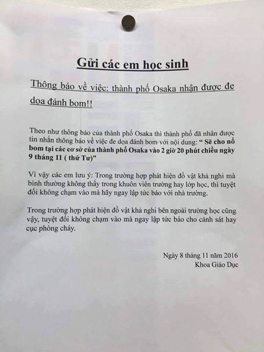 DHS Việt hoang mang trước cảnh báo bom nổ tại 40.000 điểm ở Osaka - 2
Cảnh báo bằng tiếng Việt dán tại một trường trên địa bàn thành phố.