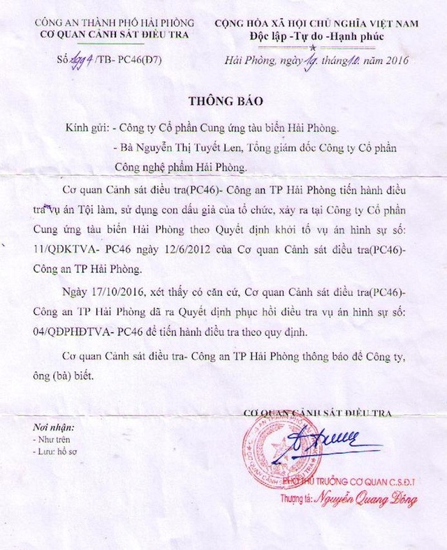 VKSND TP Hải Phòng chuyển đơn nội bộ vụ án “Làm, sử dụng con dấu giả của tổ chức” - 3
Công an TP Hải Phòng quyết định phục hồi điều tra vụ án Làm, sử dụng con dấu giả của tổ chức ngay sau Công văn của Văn phòng Chính phủ.