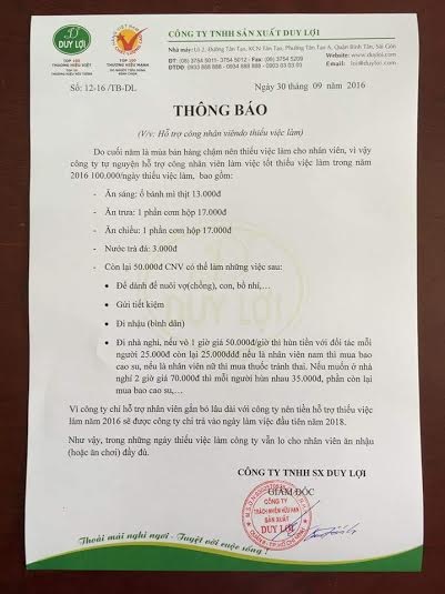 “Té ghế” với công văn hỗ trợ nhân viên của đại gia Duy Lợi - 1 Văn bản của đại gia võng xếp Duy Lợi đang được chia sẻ trên mạng xã hội