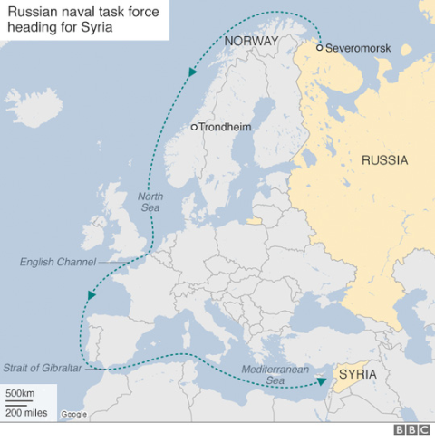 Đường đi của tàu sân bay Nga khiến châu Âu khó hiểu - 1 Đường đi của tàu sân bay Nga đến Syria.