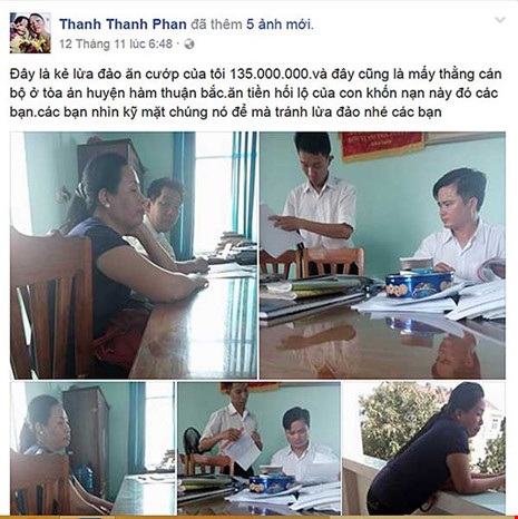 Ảnh chụp màn hình tài khoản Facebook của bà T. nói thẩm phán và thư ký tòa nhận hối lộ. Ảnh: PN