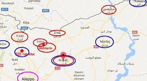 Sau "trận Stalingrad" Aleppo, Syria quyết chiến Thổ Nhĩ Kỳ ở al-Bab - 2 Bản đồ khu vực tranh chấp phía Bắc tỉnh Aleppo (vòng tròn màu xanh là cứ điểm của người Kurd và màu đỏ là của Thổ Nhĩ Kỳ, vòng tròn 2 màu là khu vực đang giành giật al-Bab)