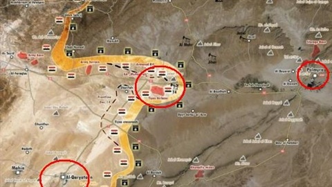Palmyra-T4: SAA phản công lớn, chờ tăng viện lật ngược tình thế - 1 Bản đồ chiến sự khu vực Palmyra, căn cứ T4 và Al-Qaryatayn