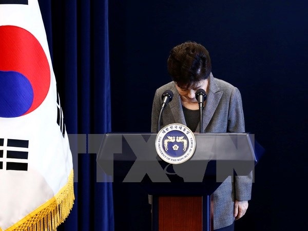 Vụ bê bối "Choi-gate" và khoảng trống lãnh đạo ở Hàn Quốc - 1 Tổng thống Park Geun-hye xin lỗi người dân trong bài phát biểu trực tiếp trên truyền hình về vụ bê bối chính trị liên quan đến người bạn thân Choi Soon-sil, tại Seoul ngày 29/11. (Nguồn: EPA/TTXVN)