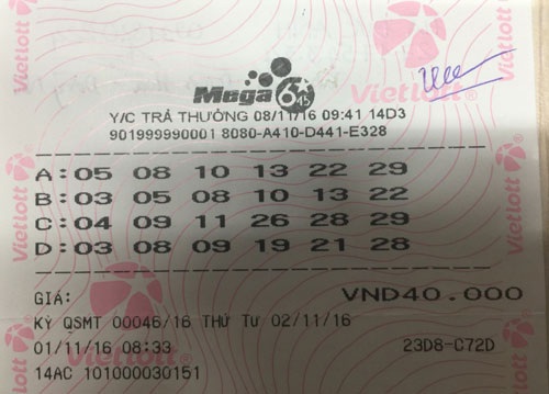 Tại sao người trúng xổ số 65 tỉ ẩn tích gần 1 tuần? - 2
Mặt trước của tấm vé trúng giải xổ số gần 65 tỉ đồng, gồm 1 giải đặc biệt và 1 giải nhất. (Ảnh: Vietlott)