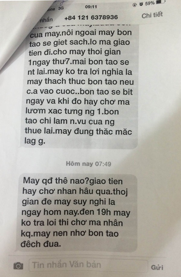 Gã kỹ sư tống tiền chủ quán karaoke 1 tỉ đồng để "chung độ" bóng đá - 2 Tin nhắn khủng bố của đối tượng Sỹ với chị K. chủ quán karaoke P. (quận Hải Châu, Đà Nẵng).