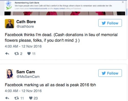Mark Zuckerberg bị "báo tử" trên Facebook - 2
Nhiều người khác cũng bị Facebook báo tử dù đang sống khỏe, đã chia sẻ câu chuyện lên Twitter.