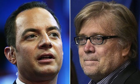 Tổng thống Donald Trump trong – ngoài phải đối phó - 2 Reince Priebus và Stephen Bannon, hai nhân vật đầu tiên được Trump bổ nhiệm trong chính quyền mới.