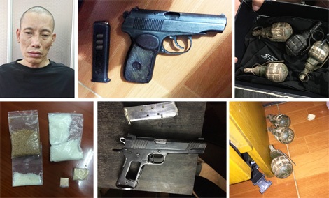Trùm ma túy Long “cát” và “kho” vũ khí bị thu giữ.